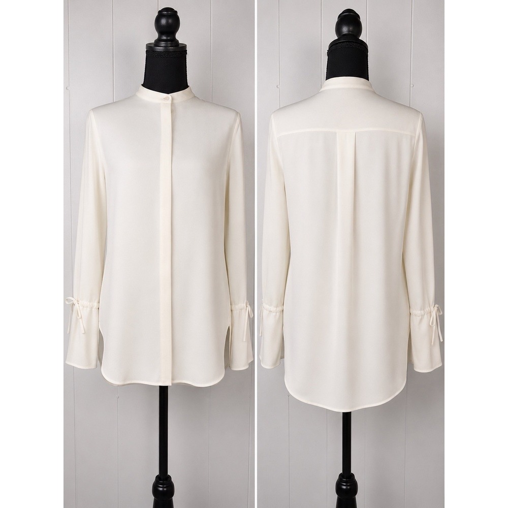 Lafayette 148 New York 100% Silk Ivory Tie Cuff Split Sleeve Blouse Small